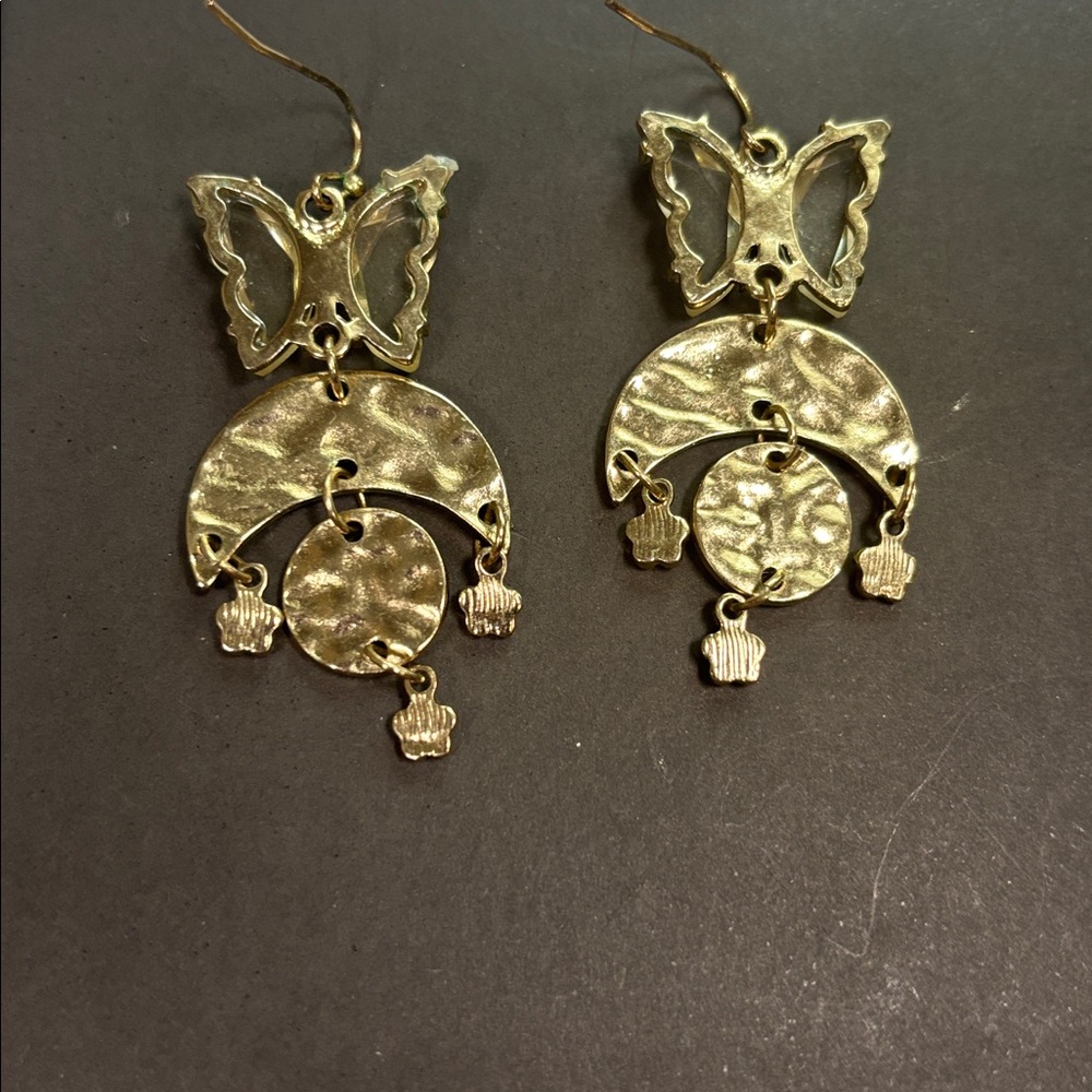 Butterfly Moon Star Gold Tone Foil Dangle Earrings - Picture 3 of 7